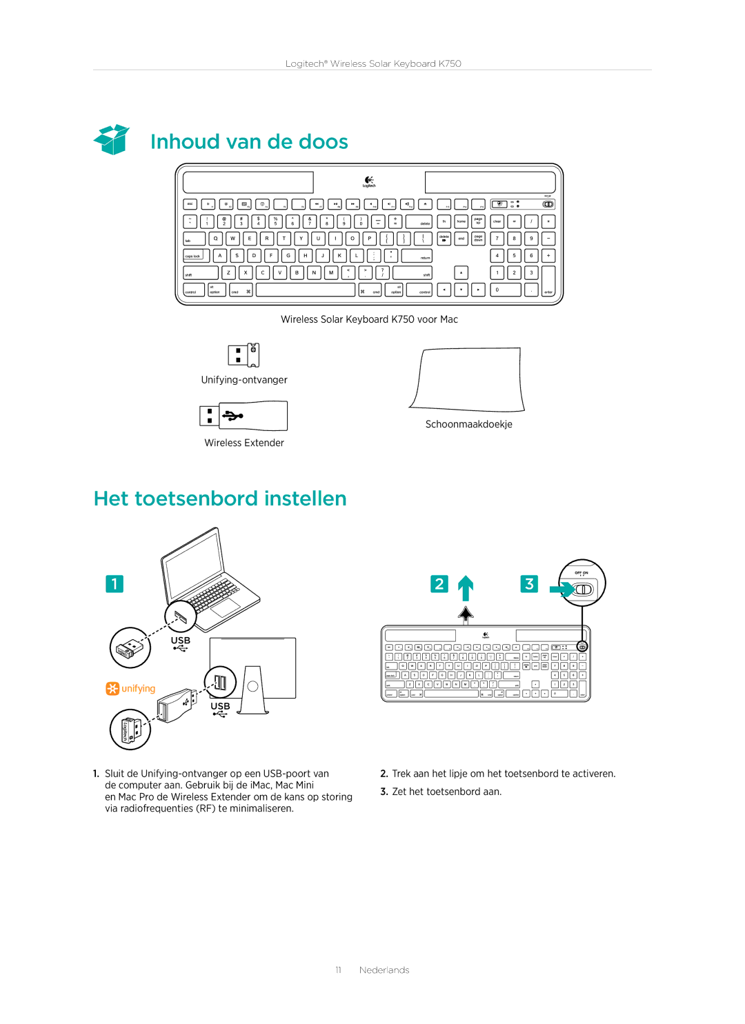 Logitech K750 manual  Inhoud van de doos, Het toetsenbord instellen 